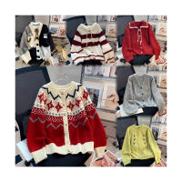 Großhandel Elegante Spandex/Baumwolle Winterpullover Weihnachtsbaum-Strickjacke Schneemann Schriftzug Zuckerstange Elch Jacquard Bestickt
