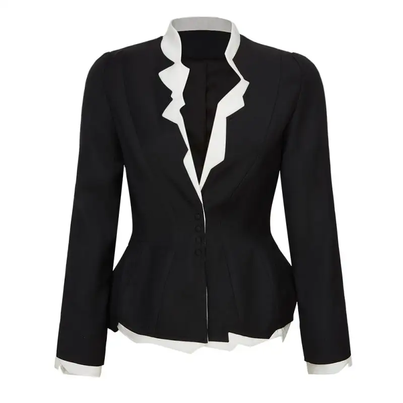 Women's spring and summer new black and white serrated side wide shoulder pad waist suit jacket