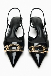 Zapatos de Verano para Mujer, Color Negro y Beige, con Decoración de Cadena, Tacón Súper Alto, Punta Puntiaguda, Estilo Slingback, Tipo Mules - Product Image 4