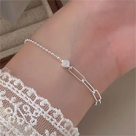 Carline minimaliste Zircon CZ élégant mode 925 Bracelet en argent Sterling bijoux fins trombone perlé chaîne cadeau pour les femmes
