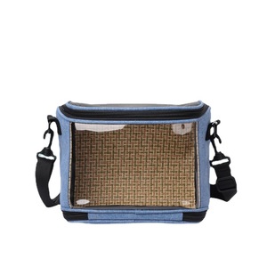 Transportín portátil de tela Oxford gris y azul con ventana transparente para aves, hámsters y conejos, con asa de mano y correa cruzada. - Product Image 5