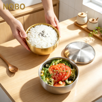 Bol à riz portable en acier inoxydable 304 à double paroi isolé, doré et argenté, style coréen, avec couvercles