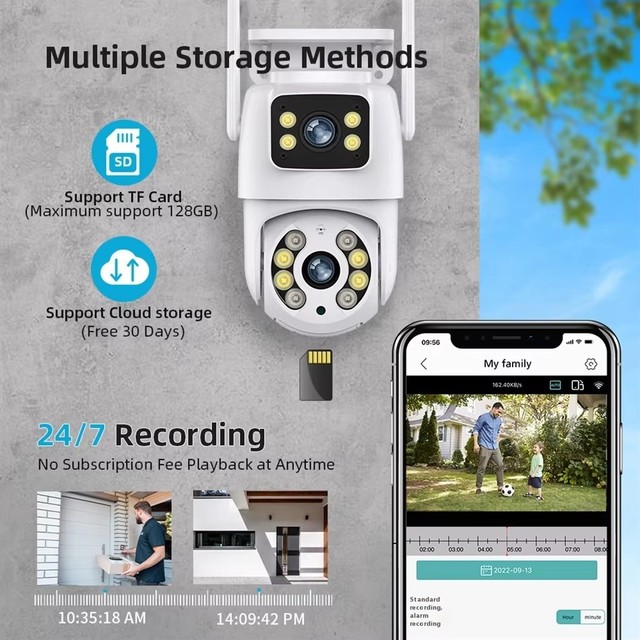 OutdoorDual Lens PTZ IP Security Camera with Night Vision Two-way Audio WiFi Mini Design Cloud Storage