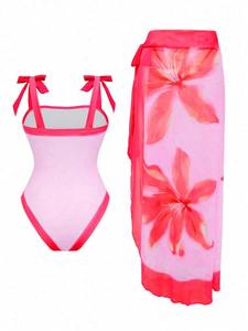 Excellent rapport qualité-prix : Ensemble de maillot de bain une pièce imprimé pour femme avec bretelles à nœuds et jupe paréo en mousseline – Vente en gros - Product Image 3