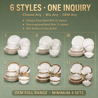 Service de table en porcelaine fine 18 pièces avec logo personnalisé OEM, bord doré, 6 styles élégants pour cadeau de Noël et de fêtes