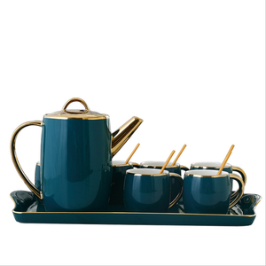Ensemble de tasses et soucoupes à café créatives nordiques pour la maison, plateau en céramique, style nordique, ensemble de tasses à café de l'après-midi en marbre vert de luxe - Product Image 2