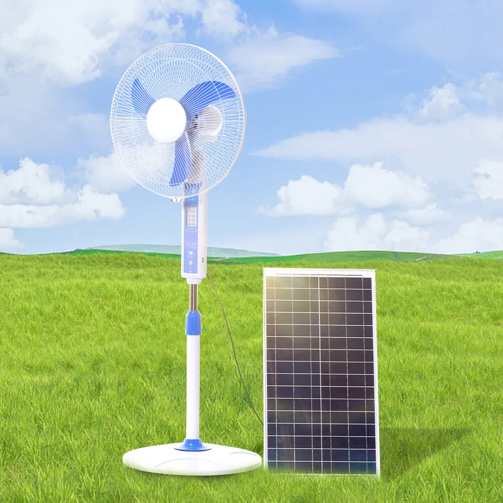 Precio bajo eléctrico recargable hogar al aire libre 16 pulgadas 12V DC piso doméstico ventilador solar de pie para la casa