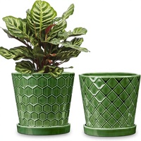 BUYMAX Ensemble de pots de fleurs en céramique modernes et minimalistes de 6 pouces, 2 trous de drainage, plateaux en céramique, finition patine propre, utilisation sur bureau/ rebord de fenêtre