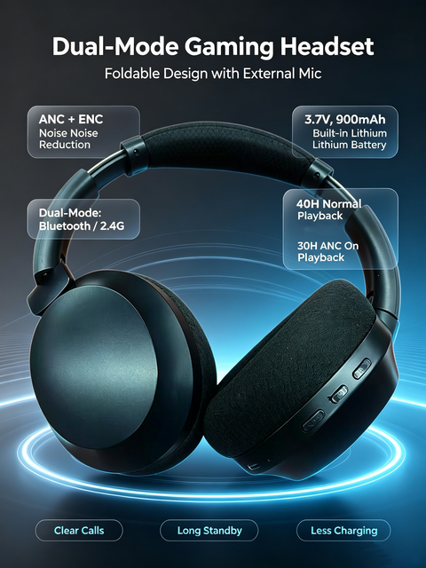 ANC ENC Noise Canceling Wireless Gaming Headset, Dual Mode 2.4G , Foldable 40H Battery for PC PS5 Mobile