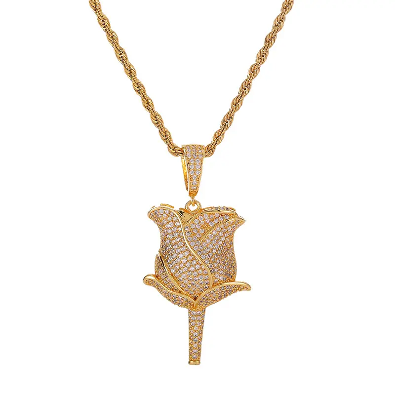 mens 3d pink cz diamond quartz rose flower hip hop bling pendant charms 18k gold drop jewelry