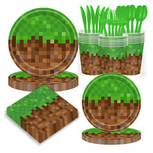Ensemble de vaisselle sur le thème de <span class=keywords><strong>Minecraft</strong></span> pour fête d'enfants, décorations de jeu Pixel Battle, assiettes et serviettes en papier rondes et carrées jetables - Product Image 2