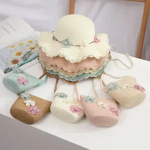 2024 balita bayi perempuan topi jerami topi matahari lebar dengan tas bahu Set topi pantai musim panas bunga