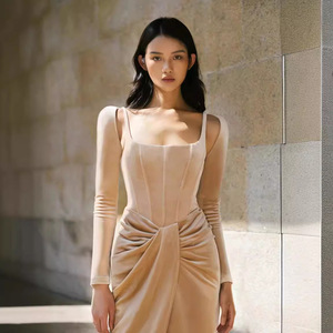 Autumn Winter French Retro Two-Piece Set Long Velvet Gown Dress Suspender Long Slit Kink Waist Skirt Sweet Plus Solid Order - Product Image 1