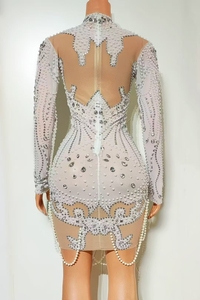 AD2489 Kimshein时尚长袖迷你连衣裙奢华珍珠舞会礼服钻石水钻水晶派对礼服 - Product Image 2