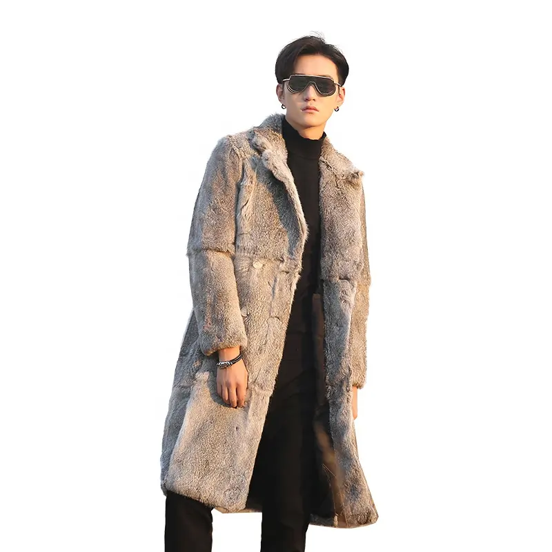 YR1226 Fashion Design winter Mens Animal Rabbit Fur Long Coat Overcoat