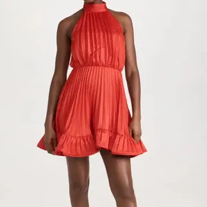 2024 Trendy Fancy Shiny Satin Pleated Halter Mini Dress Custom Colour Ruffle Non-Stretch Elegant Style Casual Party Dress