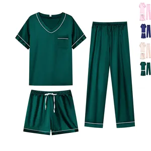 Nhà Sản Xuất Tùy Chỉnh Dài Tay Áo Phương thức Cotton Tre Lụa Bộ Ngắn Quần Vài 3Pcs Pjs Đồ Ngủ Đồ Ngủ Bộ Cho Nam Giới Và Phụ Nữ