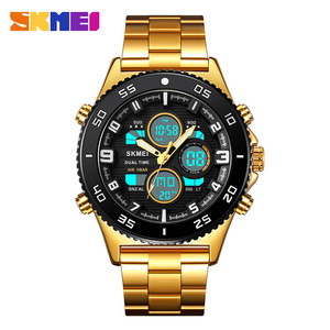 Skmei Men's Dual Time Digital Watch Gold Stainless Steel Band 3Bar Water Resistant Multifunction Quartz Watch - Product Image 2