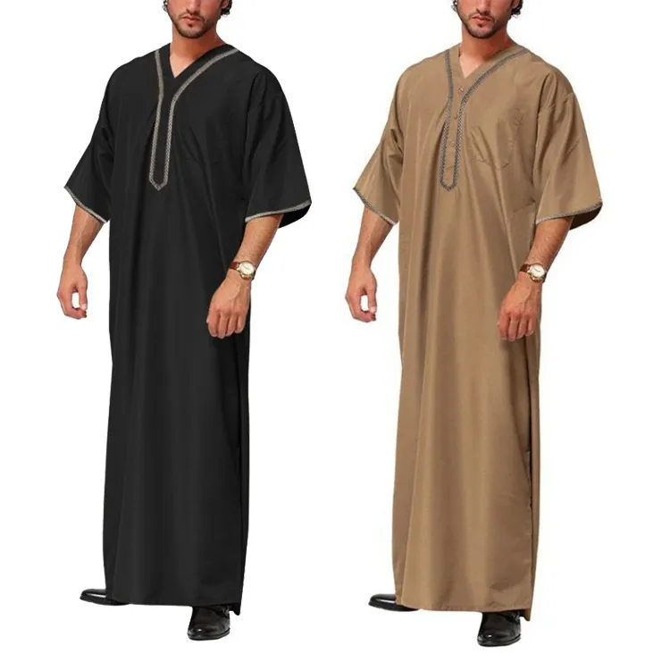 Men Robe 2024 High Quality Moroccan Haramain Arab Jubba Islamic Emirati Thobe Muslim Men short sleeve