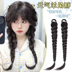 Perruque tressée en corne <span class=keywords><strong>de</strong></span> bélier et en os <span class=keywords><strong>de</strong></span> poisson pour femmes, double <span class=keywords><strong>queue</strong></span> <span class=keywords><strong>de</strong></span> <span class=keywords><strong>cheval</strong></span>, <span class=keywords><strong>extension</strong></span> <span class=keywords><strong>de</strong></span> cheveux naturels, tricotée à la main, style fibre haute température - Product Image 1