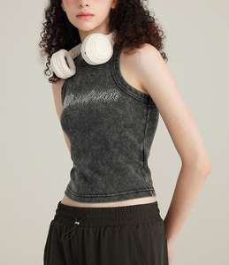 Chaleco trasero con diamantes de imitación de alta calidad, camiseta sin mangas de algodón orgánico 100%, camiseta sin mangas lavada Vintage para mujer