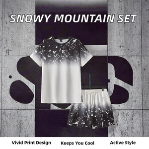 Conjunto de camiseta de manga corta con estampado de montaña nevada para hombre, conjunto deportivo de dos piezas de estilo coreano, transpirable, a la moda, Vintage, para verano - Product Image 2