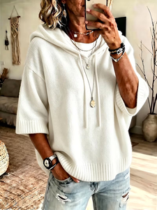 Women's White Hooded Knit <strong>Poncho</strong> 2026 Summer Fall Oversized Faux-Cashmere Sweater 100% Polyester Minimalist <strong>Jumper</strong> - Product Image 1