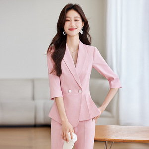 Women's Suit Set Light Blue Three Quarter Sleeve Anti-Wrinkle Office Lady Spring Wear - Product Image 2