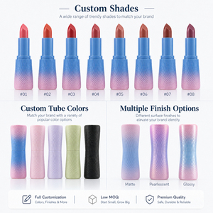ลิปสติกเนื้อฝ้ายไล่สีแบบกำหนดเอง แบรนด์ส่วนตัว พร้อมโลโก้สีชมพูฟ้า  ตลับลิปสติกแบบมีเท็กซ์เจอร์  เนื้อแมทกำมะหยี่ ติดทนนาน  วีแกน รับผลิตแบบ OEM - Product Image 2