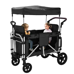 Kereta dorong bayi untuk 2 kereta anak-anak menampilkan 2 kanopi kursi tinggi dapat disesuaikan batang kereta dorong tarik dapat dilipat