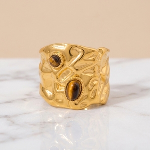 Anillo Abierto de Acero Inoxidable Chapado de Lujo Fatingna J&D para Mujer, con Ojo de Tigre Ovalado Redondo y Diseño Martillado, Joyería para Boda, Compromiso y Regalo - Product Image 3