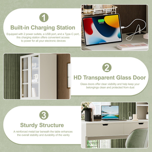 โต๊ะเครื่องแป้งทันสมัยพร้อมกระจกและแท่นชาร์จ, โต๊ะคอมพิวเตอร์พร้อมลิ้นชัก, ตู้เก็บของ และชั้นวางแบบเปิด - Product Image 4