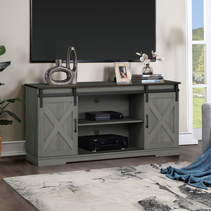 Mid-Century Style <b>Adjustable</b> TV Stand Living Room Two Tone Design Metal Black Accent X-Cross Sliding Drawer Door Brown Gray - Product Image 1