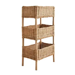 Rustic-Style Floor Rattan Woven Handmade Rattan Tiered Tray Storage Stand Weaving Basket Shelf Rack Home Decor