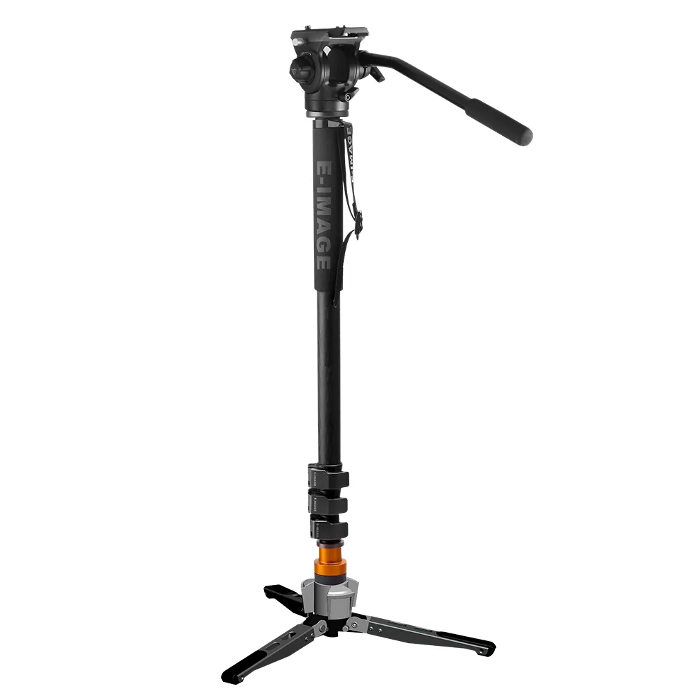 E-IMAGE MFC700+610FH Hands Free Carbon Fiber Video Camera Monopod With Flat Base Fluid Head Kit