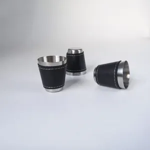 Stainless Steel Mini Wine Glass With Black leather Portable Drinking Cup Small Metal Shot Glass In Bulk Wholesale