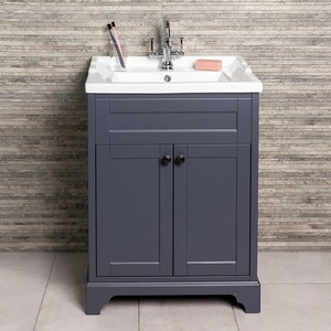 ארון אמבטיה כפול דלתות בצבע כחול-אפור, בעיצוב בהשראת התקופה הוויקטוריאנית, ללא כיור קרמי. - Product Image 1