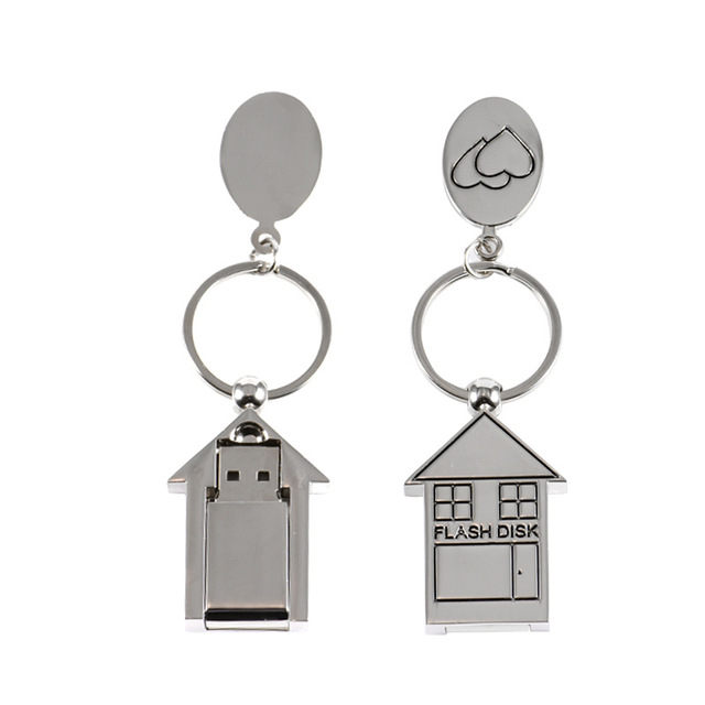 16GB Creative Office Gift Small House Metal DIY Laser Engraving USB Flash Drive with Free Keychain for Promotions
