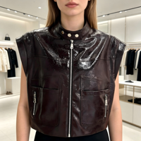 Veste en cuir courte marron foncé pour femme, col montant, poches zippées, gilet en cuir marron foncé, vente directe d'usine