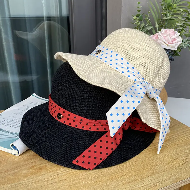 Topi mangkuk rajut pita Fashion musim semi topi tabir surya warna Solid untuk wanita