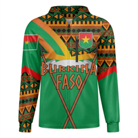 Setelan Pancing Bermotif Suku Etnis Burkina Faso dengan Ritsleting, Cetak Sublimasi Penuh Simbol Bendera Nasional, Kemeja Kasual Berkerudung