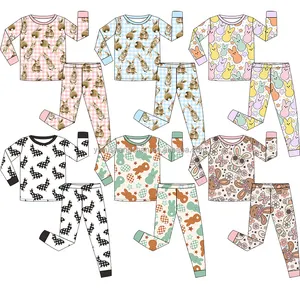 High Quality Organic Bamboo Kids Baby 2PCS Pajamas Set Long Sleeve Children Girls Easter Bunny Sleepwear