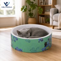Lit grattoir rond moderne en carton pour chat avec coussin remplaçable et motif floral, antidérapant et durable pour chats