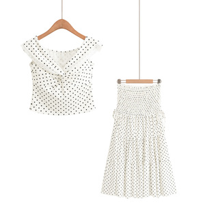 Ensemble 2 pièces pour femmes, haut à épaules dénudées à pois avec volants et jupe longue, tenue décontractée printemps-été - Product Image 6