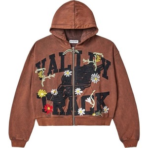 Sweat-shirt à capuche brodé unisexe, coupe ample, motif floral, en coton marron, tissu French Terry, décontracté, pour l'automne - Product Image 1