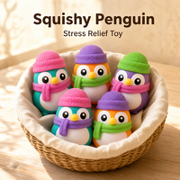 Jouet Squishy Pingouin à Remontée Lente, Teal Orange Violet, avec Bonnet et Écharpe Tricotés, Anti-Stress, Compagnon de Bureau