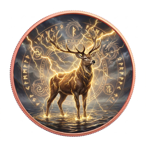Moneda de cobre fino .999 de 1 onza con impresión UV de la mitología nórdica, espíritu del bosque, runa, tótem animal celta Cernunnos, Ciervo Sagrado - Product Image 1