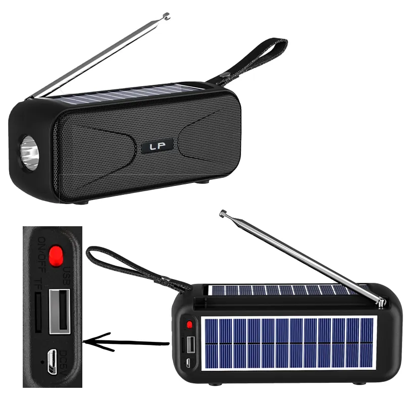 Alto-falante portátil BT com subwoofer de carregamento de painéis solares duplos com tocha de rádio FM alto-falante sem fio com suporte a flash USB