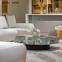 Table d'appoint en travertin minimaliste avec dessus en verre artisanal & base en pierre naturelle, personnalisable pour salon