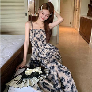 Plus Size Floral Print Sundress <b>Spaghetti</b> Strap Empire Waist <b>Long</b> Skirt Breathable Casual Dress For Women Summer 2025 - Product Image 3